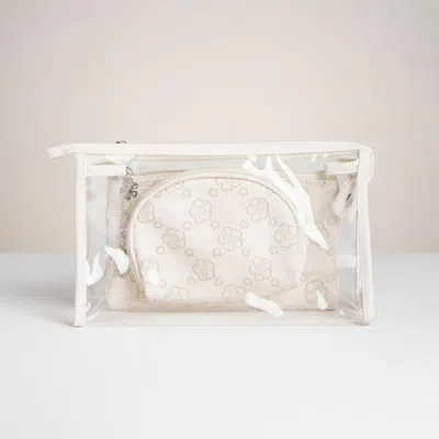 Fashnzfab 3pcs - Floral Clear Travel Cosmetic Pouch Bag Set In White