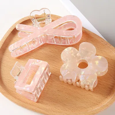 Fashnzfab 3pcs - Flower Bow Hair Claw Clip Set In Pink
