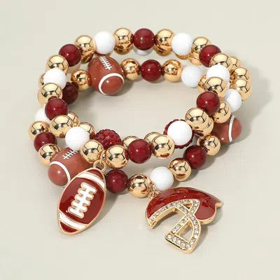 Fashnzfab 3pcs - Game Day Football Helmet Charm Beaded Stretch Multi Layered Bracelets In Gold
