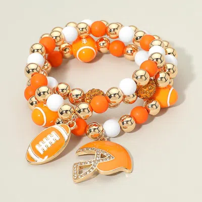 Fashnzfab 3pcs - Game Day Football Helmet Charm Beaded Stretch Multi Layered Bracelets In Orange