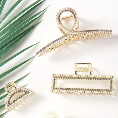 Fashnzfab 3pcs - Geometric Rhinestone Pearl Embellished Hair Claw Clip Set In Beige