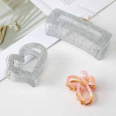 Fashnzfab 3pcs - Glitter Rectangular Heart Butterfly Shape Hair Claw Clip Set In Pink