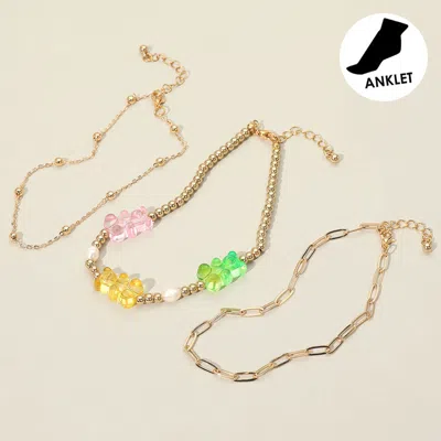 Fashnzfab 3pcs - Gummy Bear Charm Accented Metal Link Anklets In Gold