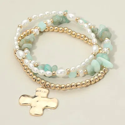 Fashnzfab 3pcs - Hammered Metal Cross Charm Pearl Beaded Stretch Multi Layered Bracelets In Green