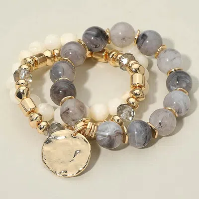 Fashnzfab 3pcs - Hammered Metal Disc Charm Accent Beaded Stretch Multi Layered Bracelets In Gray