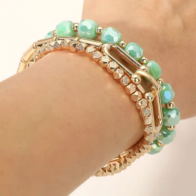 Fashnzfab 3pcs - Hardware Textured Metal Faceted Beaded Stretch Multi Layered Bracelets Gold, Mint In Green