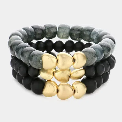 Fashnzfab 3pcs - Heart Pointed Natural Stone Wood Ball Stretch Bracelets Black