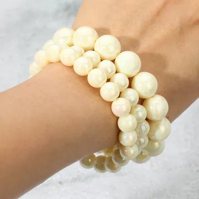Fashnzfab 3pcs - Hologram Beaded Stretch Bracelets Ab, White In Silver