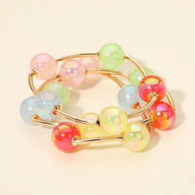 Fashnzfab 3pcs - Iridescent Ball Metal Bar Beaded Stretch Multi Layered Bracelets