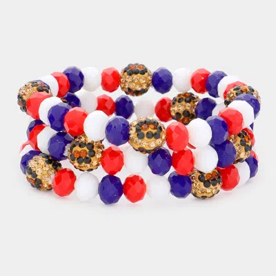Fashnzfab 3pcs - Leopard Pattern American Usa Flag Shamballa Ball Faceted Bead Stretch Bracelets In Purple