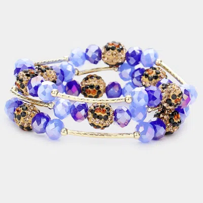 Fashnzfab 3pcs - Leopard Patterned Shamballa Ball Faceted Beaded Stretch Bracelets In Multi
