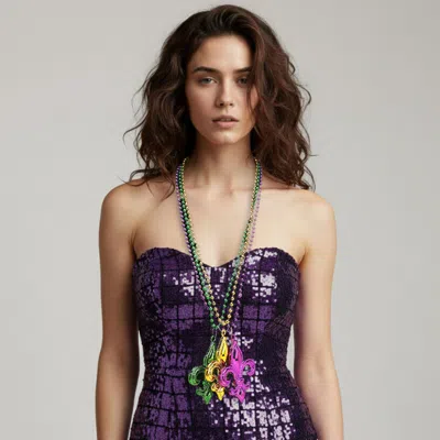 Fashnzfab 3pcs - Mardi Gras Fleur De Lis Pendant Beaded Long Necklaces In Purple