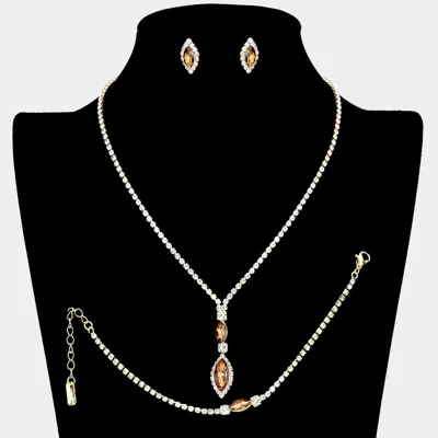 Fashnzfab 3pcs Marquise Stone Accented Rhinestone Pave Necklace Jewelry Set In Gold