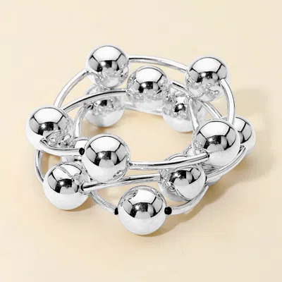 Fashnzfab 3pcs - Metal Ball And Bar Beaded Stretch Multi Layered Bracelets In White