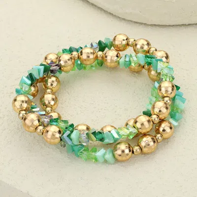 Fashnzfab 3pcs - Metal Ball Faceted Beaded Stretch Multi Layered Bracelets Gold, Green