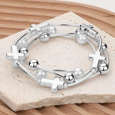 Fashnzfab 3pcs - Metal Cross Ball Pearl Station Stretch Multi Layered Bracelets - Rhodium, White In Silver