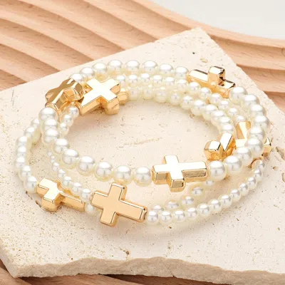 Fashnzfab 3pcs - Metal Cross Pointed Pearl Beaded Stretch Multi Layered Bracelets In White
