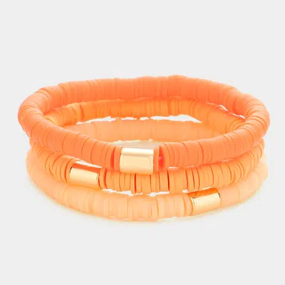 Fashnzfab 3pcs - Metal Cylinder Accented Heishi Beaded Stretch Bracelets In Orange