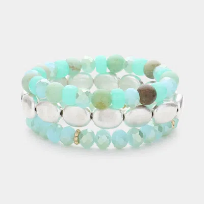 Fashnzfab 3pcs - Metal Faceted Beaded Stretch Multi Layered Bracelets Mint, Worn Silver In Blue