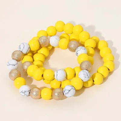 Fashnzfab 3pcs - Metal Natural Stone Wood Beaded Stretch Multi Layered Bracelets White, Yellow In Green
