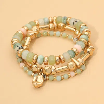 Fashnzfab 3pcs - Metal Nugget Charm Beaded Stretch Multi Layered Bracelets In Silver