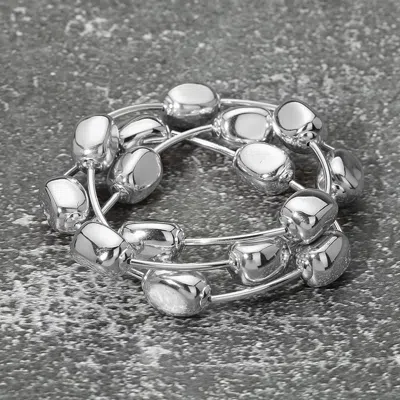 Fashnzfab 3pcs - Metal Pebble Bar Beaded Stretch Multi Layered Bracelets In Metallic