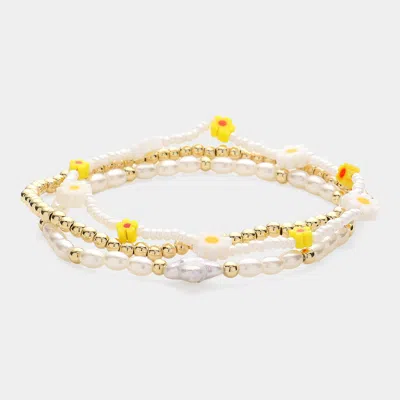 Fashnzfab 3pcs - Mother Of Pearl Flower Quatrefoil Pointed Beaded Multi Layered Bracelets Mother Of Pearl, Mul In Silver