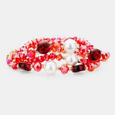 Fashnzfab 3pcs Multi Strand Pearl Natural Stone Bead Stretch Bracelets In Pink