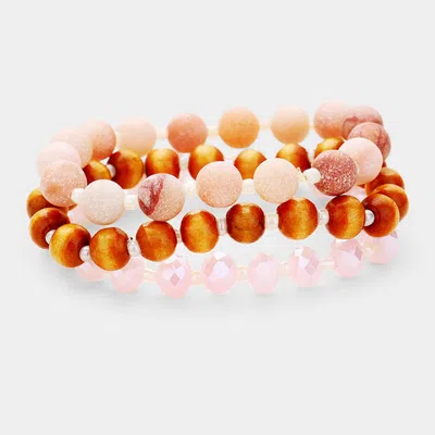 Fashnzfab 3pcs Multi Strand Wood Natural Stone Bead Stretch Bracelets Gold, Pink In Red