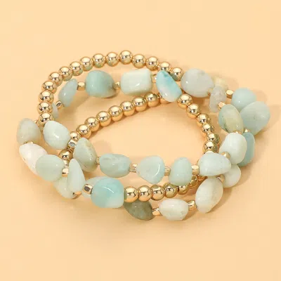 Fashnzfab 3pcs - Natural Stone Accented Metal Ball Beaded Stretch Multi Layered Bracelets In Green
