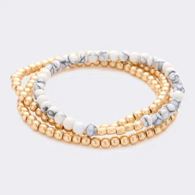 Fashnzfab 3pcs - Natural Stone Metal Ball Beaded Stretch Bracelets In Multi