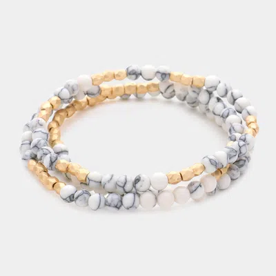 Fashnzfab 3pcs - Natural Stone Metal Beaded Stretch Bracelets Howlite In Silver