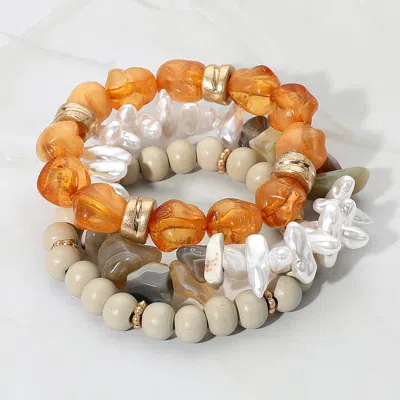 Fashnzfab 3pcs - Natural Stone Pearl Wood Beaded Stretch Bracelets In Multi