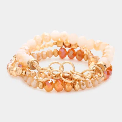 Fashnzfab 3pcs - Open Circle Link Metal Cube Faceted Beaded Stretch Bracelets Brown In Pink