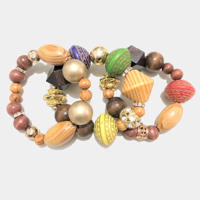 Fashnzfab 3pcs - Patterned Colorful Wood Accented Stretch Bracelets Multi In Gold