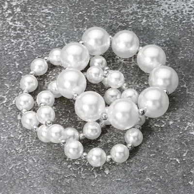 Fashnzfab 3pcs - Pearl Beaded Stretch Bracelets Rhodium, White In Silver