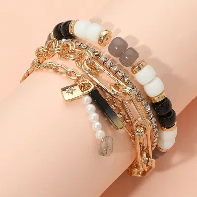 Fashnzfab 3pcs - Pearl Lock Charm Metal Chain Link Beaded Bracelets Black In Silver
