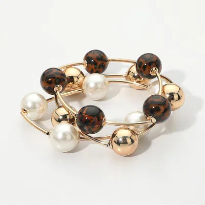 Fashnzfab 3pcs - Pearl Metal Animal Print Ball And Bar Beaded Stretch Multi Layered Bracelets