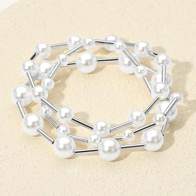 Fashnzfab 3pcs - Pearl Metal Bar Beaded Stretch Multi Layered Bracelets Rhodium, White In Silver