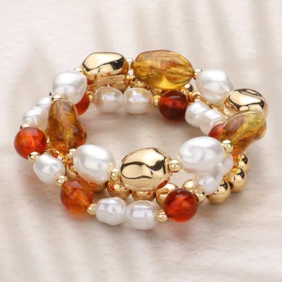 Fashnzfab 3pcs - Pearl Metal Glass Beaded Stretch Multi Layered Bracelets Brown, Gold In Silver