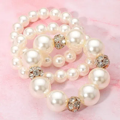 Fashnzfab 3pcs - Pearl Stone Ball Beaded Stretch Multi Layered Bracelets Cream, Gold In Silver