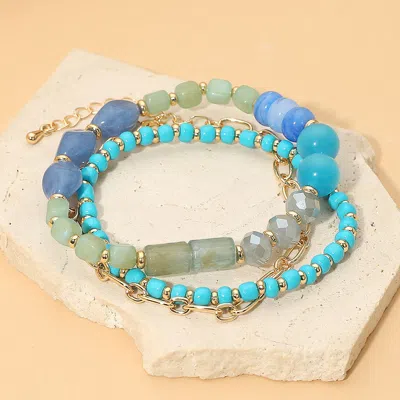 Fashnzfab 3pcs - Pebble Beaded Stretch Metal Link Chain Multi Layered Bracelets In Blue