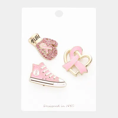 Fashnzfab 3pcs - Pink Ribbon Glove Sneakers Heart Pin Brooches In Gold