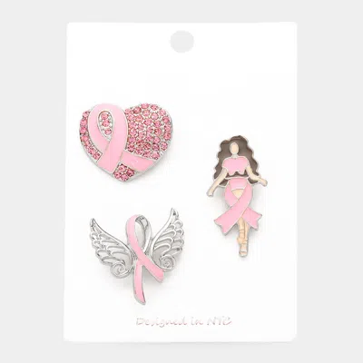Fashnzfab 3pcs - Pink Ribbon Pointed Heart Angel Wings Afro Girl Pin Brooches Pink In Metallic