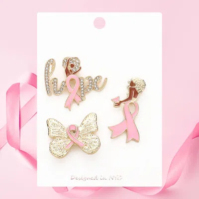 Fashnzfab 3pcs - Pink Ribbon Pointed Hope Message Afro Girl Butterfly Lapel Mini Pin Brooches In Gold