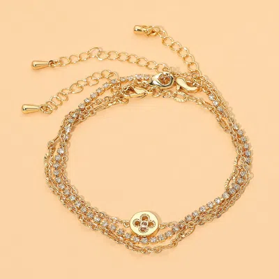 Fashnzfab 3pcs - Quatrefoil Charm Accent Dainty Textured Tennis Chain Multi Layered Bracelets In Gold