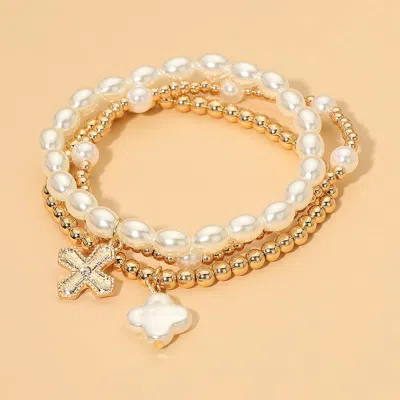 Fashnzfab 3pcs - Quatrefoil Cross Charm Pearl Beaded Stretch Multi Layered Bracelets In Gold