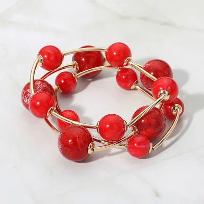 Fashnzfab 3pcs - Resin Ball Metal Bar Beaded Stretch Stackable Multi Layered Bracelets In Red