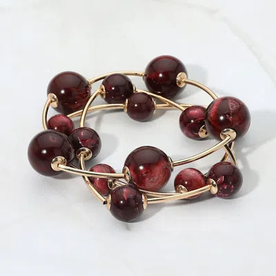 Fashnzfab 3pcs - Resin Ball Metal Bar Beaded Stretch Stackable Multi Layered Bracelets In Brown