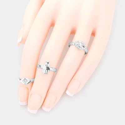 Fashnzfab 3pcs - Rhinestone Embellished Evil Eye Hamsa Hand Mixed Ring Set In Gold